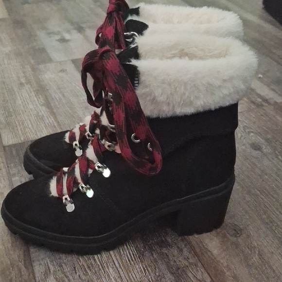 Jellypop Shoes - Jellypop Black and Red Lace Up Boots with Chunky Heel